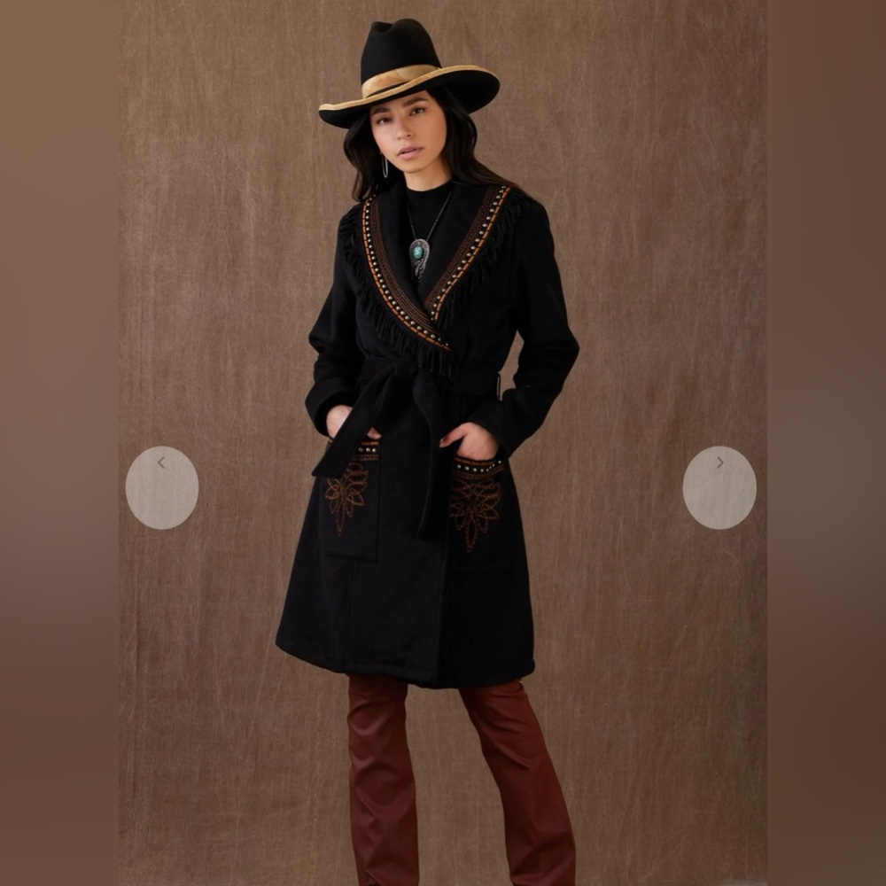 Double D Ranch Black Wool Coat with Brown Embroidery and Fringe - New With Tags